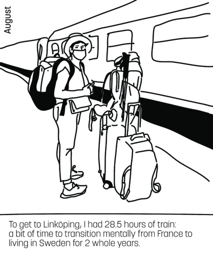 Drawing of a person with 2 suitcases and 2 backpacks waiting on the train plateform. To get to Linköping, I had 28.5 hours of train: a bit of time to transition mentally from France to living in Sweden for 2 whole years.